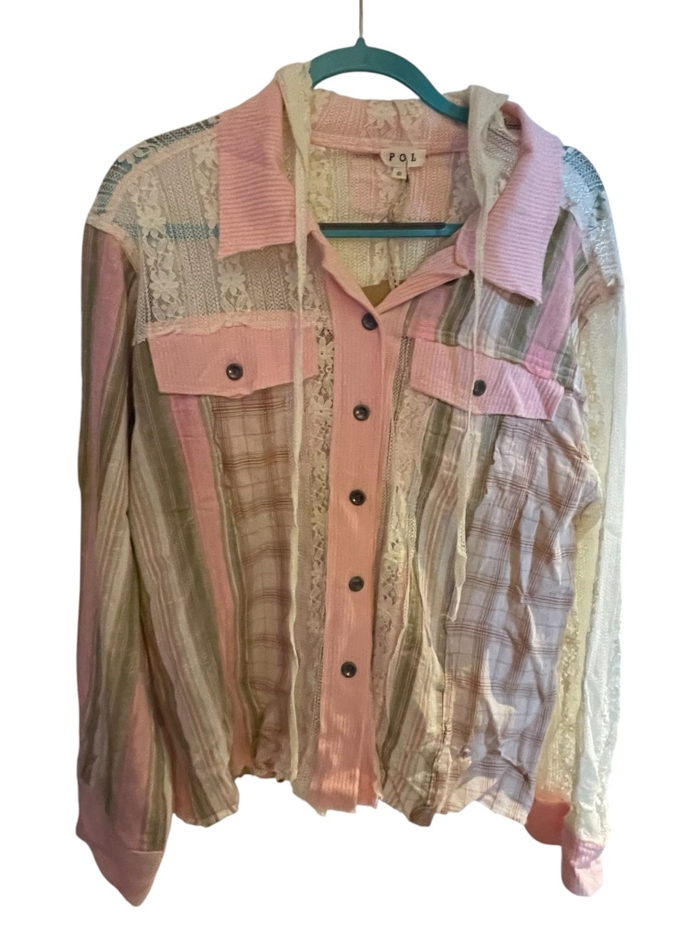 POL Pink & Cream mix patchwork lace knit Shacket
Hoody. NWT